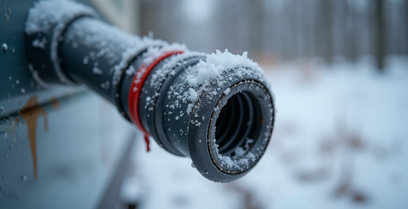 Wintercamping mit isoliertem Abwasserschlauch und Heizkabel, um das Einfrieren des Grauwassers zu verhindern.