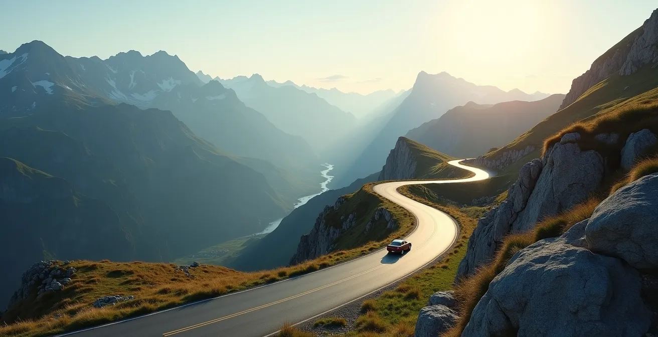 Kurvenreiche Bergstraße mit spektakulärem Alpenpanorama bei Sonnenuntergang
