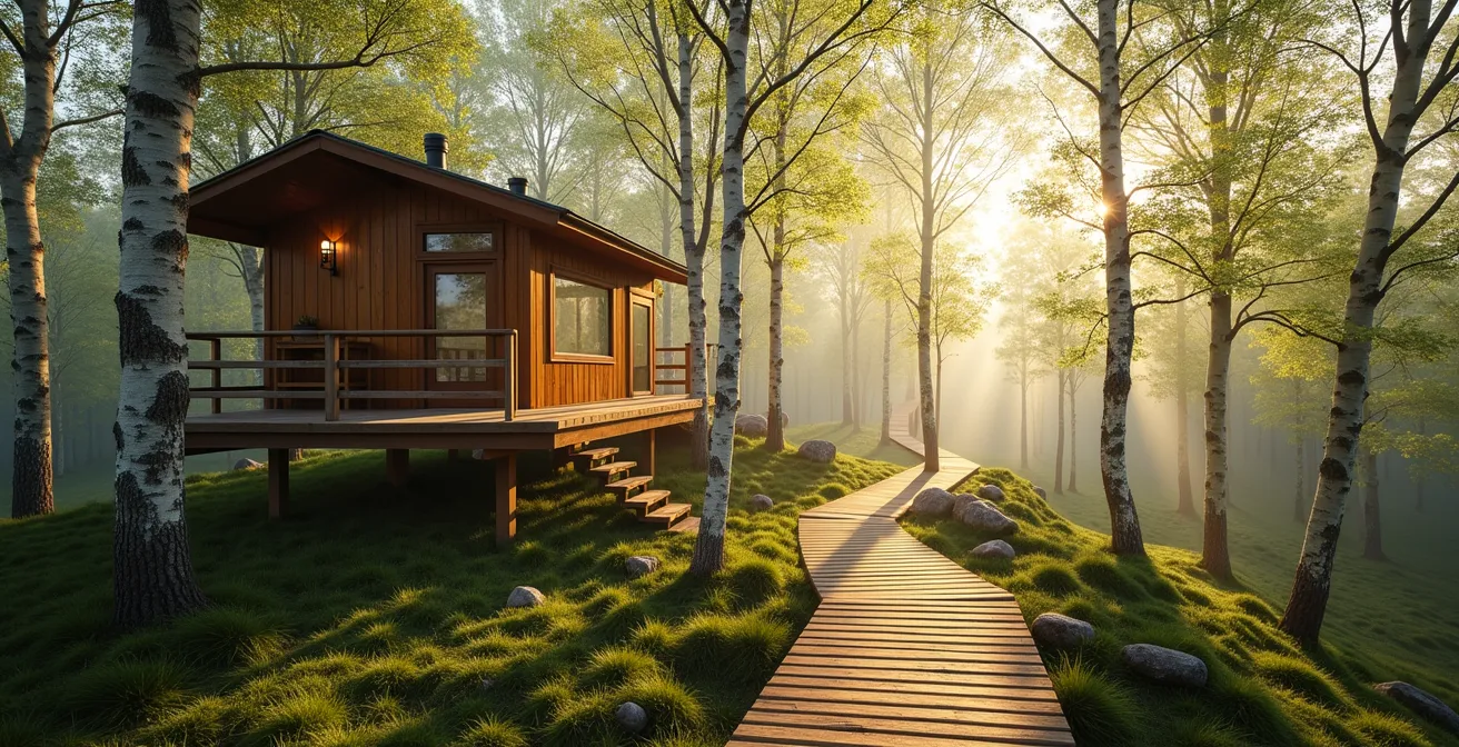 Luxuriöses Baumhaus-Glamping in deutscher Frühlingslandschaft mit blühenden Bäumen