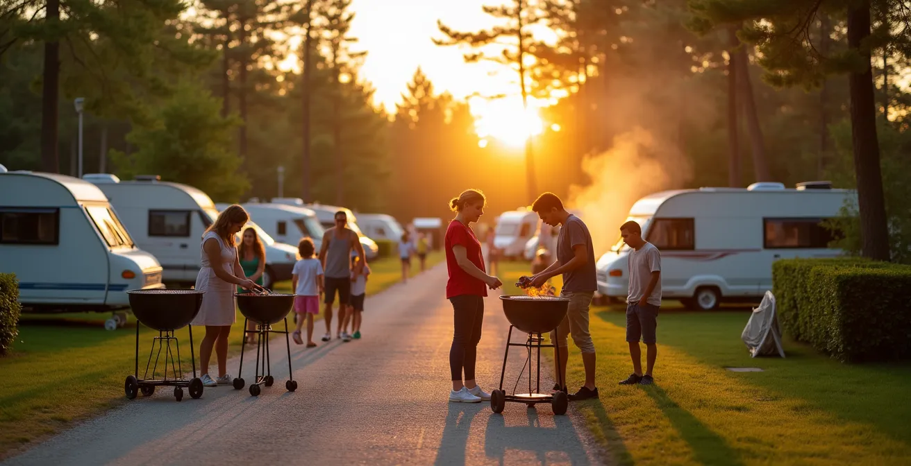 Gemütlicher Grillabend mit mehreren Familien auf deutschem Campingplatz