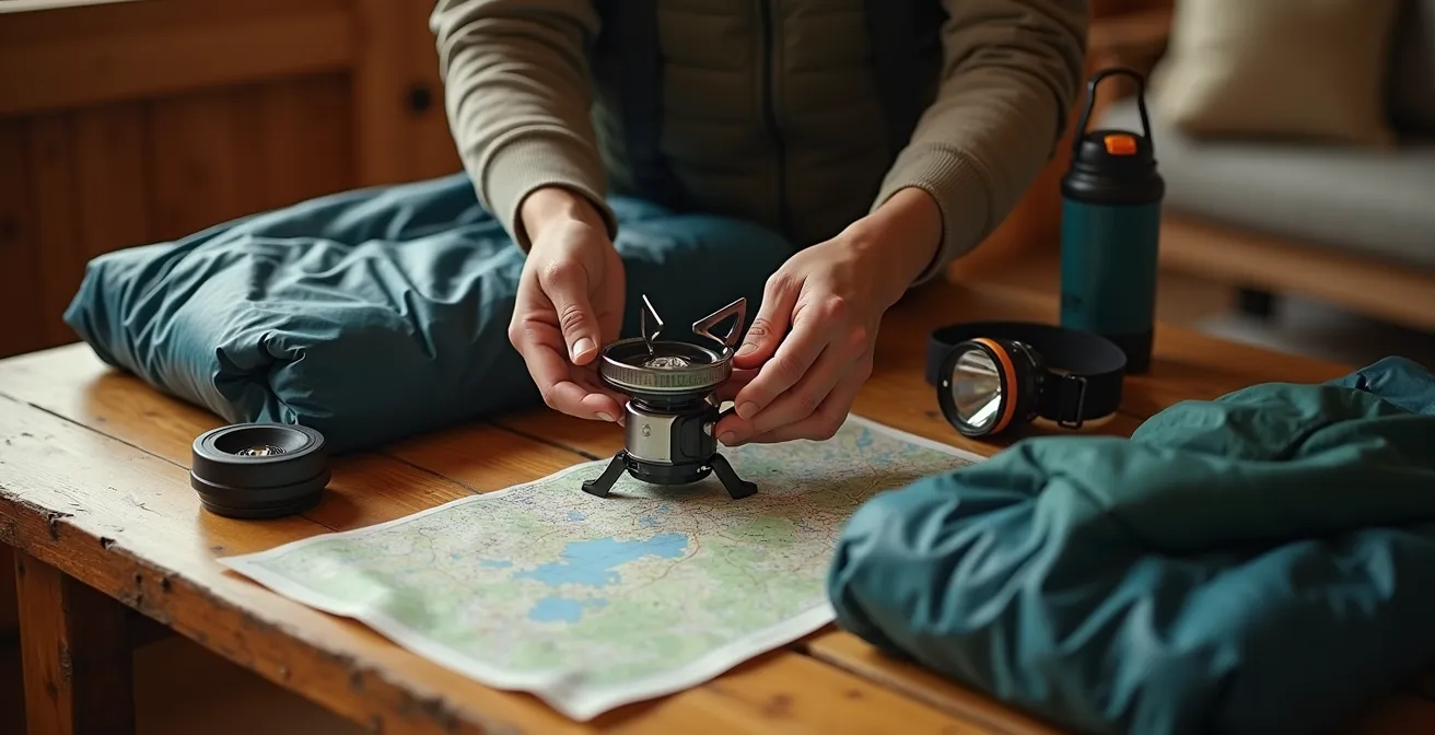 Übersichtlich gepackte Campingausrüstung auf Holztisch