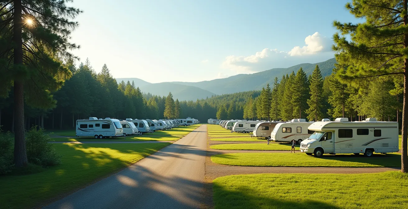 Campingplatz-Panorama mit verschiedenen Zonen vom ruhigen Waldrand bis zu den zentralen Einrichtungen.