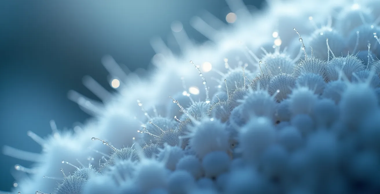 Mikroskopische Ansicht von Daunenstruktur mit Wassertropfen