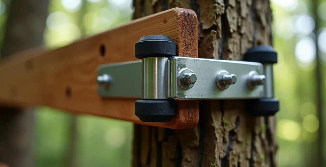 Technische Detailaufnahme der flexiblen Verbindung zwischen Baumhaus und Baum
