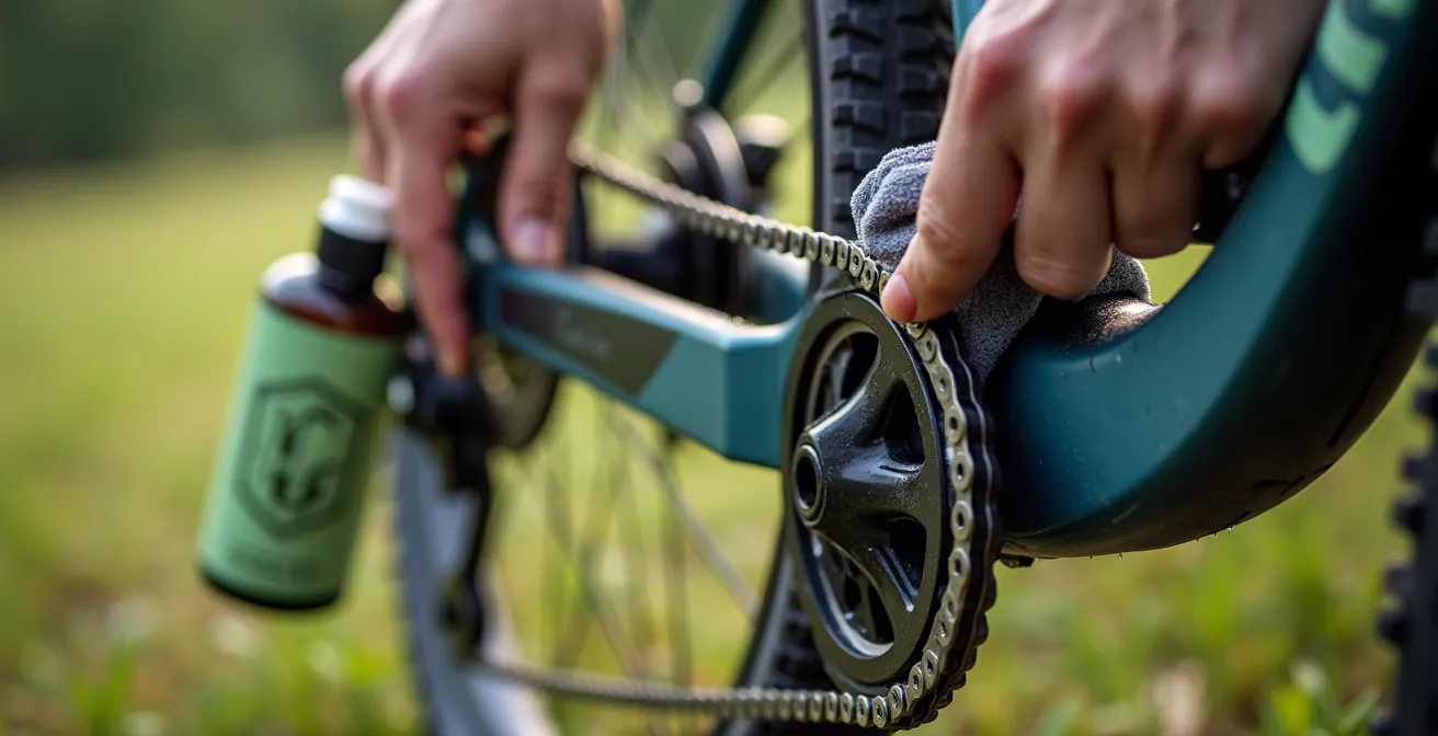 Detailaufnahme E-Bike-Reinigung mit umweltfreundlichen Produkten am Wohnmobil