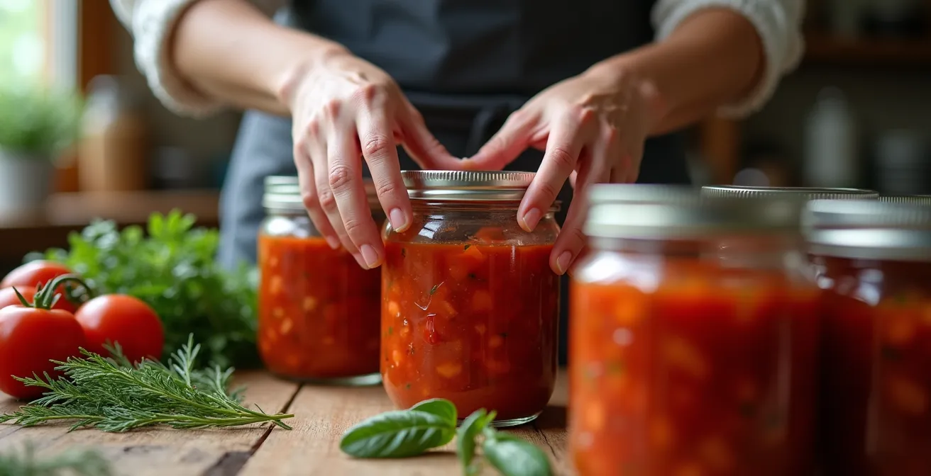 Einmachgläser mit selbstgemachten Saucen für den Campingurlaub