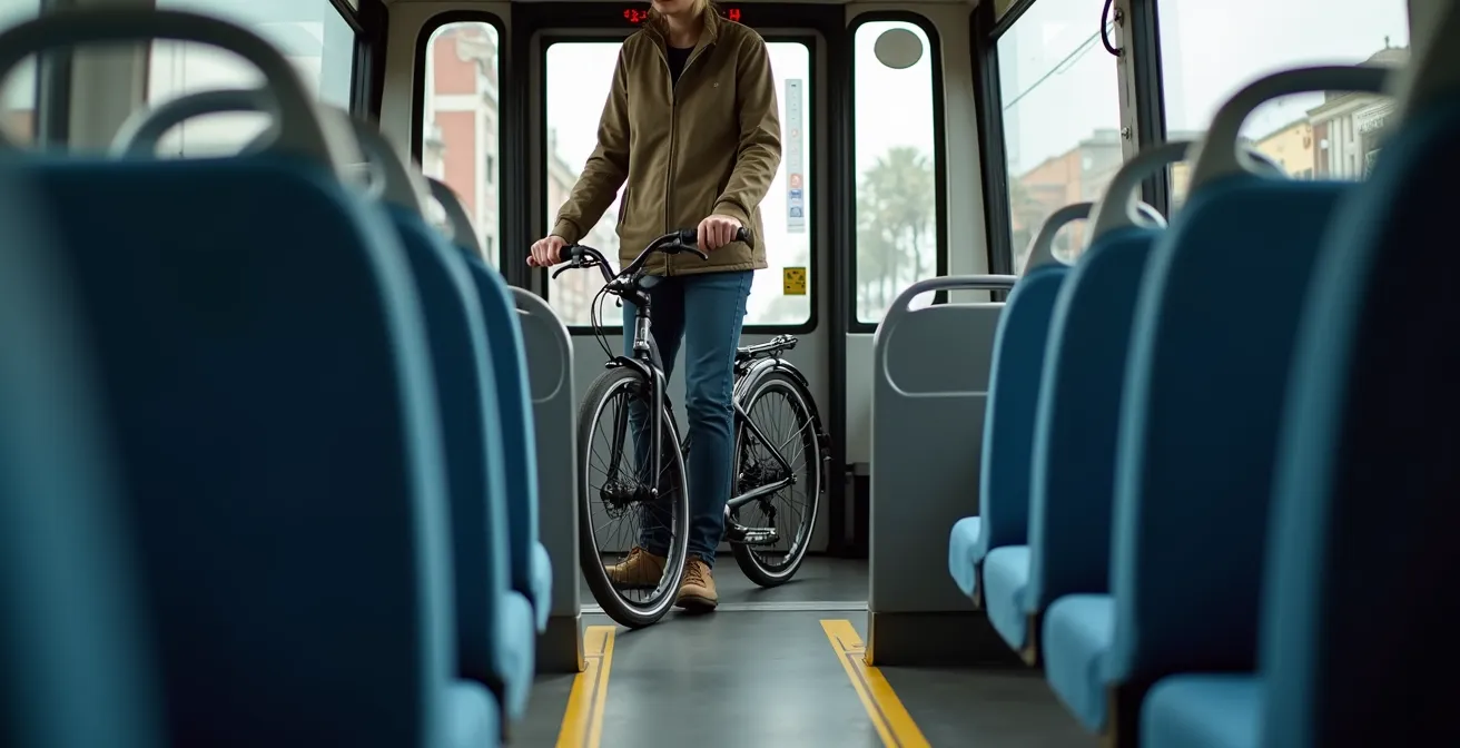 Person steigt mit zusammengeklapptem Faltrad in einen deutschen Stadtbus ein