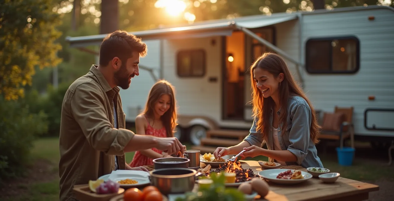 Familie entscheidet spontan zu grillen vor ihrem Mobilheim in der Abenddämmerung