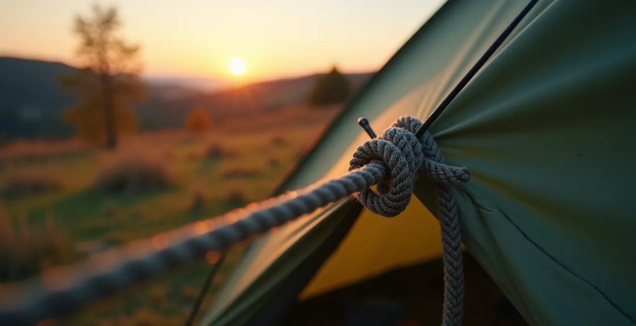 Improvisierte Reparatur einer gerissenen Zeltleine mit Paracord und Knoten
