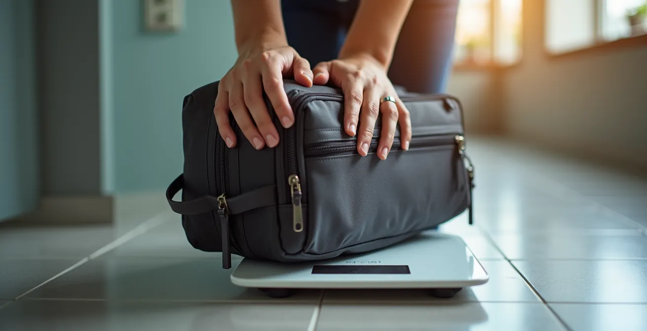 Gepäckstücke auf einer Personenwaage zur Gewichtskontrolle