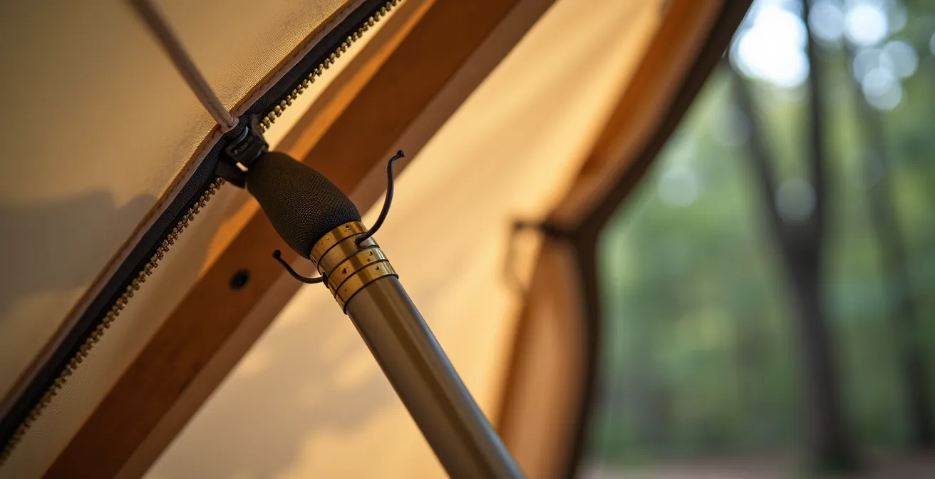 Makroaufnahme hochwertiger Materialien und Details eines luxuriösen Glamping-Zeltes