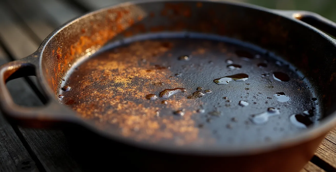 Detailaufnahme der Patina-Schicht auf einem Dutch Oven