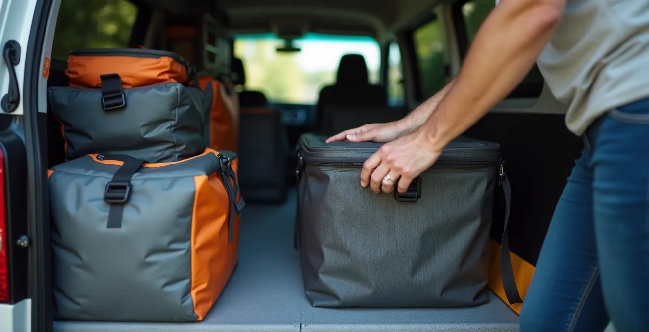 Blick in die Heckgarage eines Wohnmobils mit optimierter Beladung und kompakten Campingstühlen