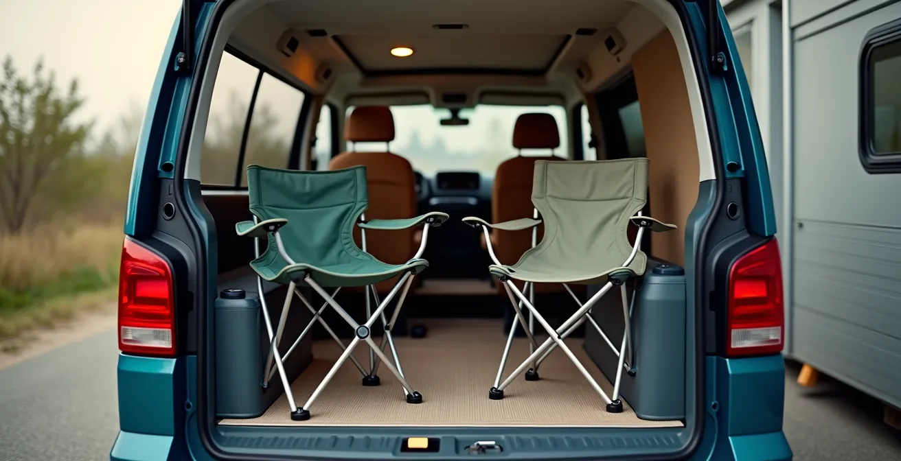 Visueller Vergleich zwischen Hochlehner und Falthocker im Kofferraum eines deutschen Wohnmobils