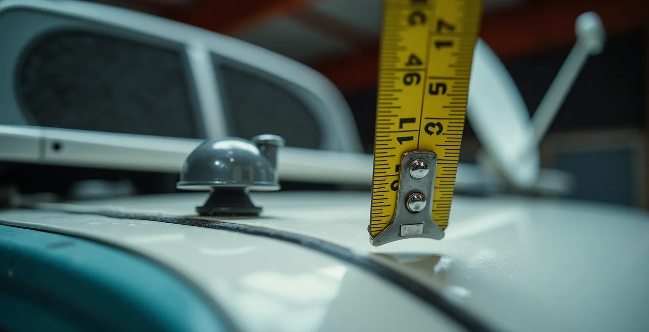 Präzise Höhenmessung eines Wohnwagens mit allen Aufbauten in einer Garage