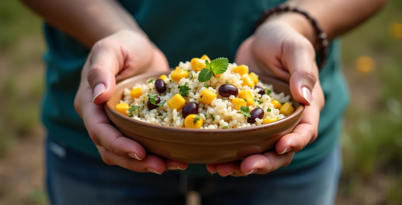 Frischer Bohnen-Reis-Salat ohne Kochen für unterwegs