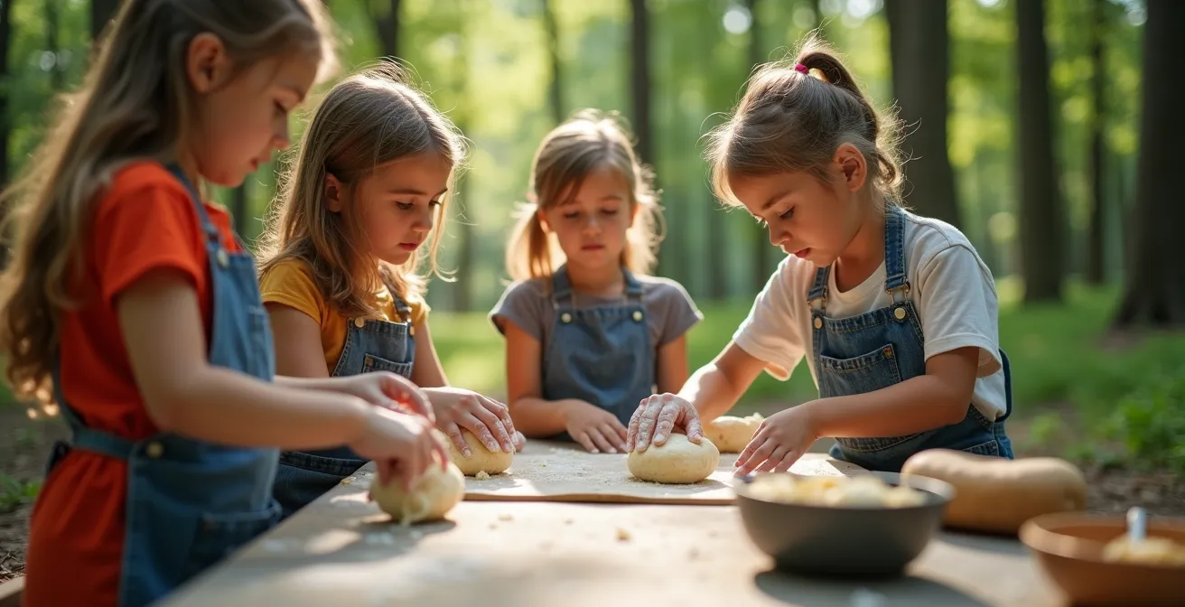 Kinder bereiten gemeinsam Stockbrotteig am Campingplatz vor
