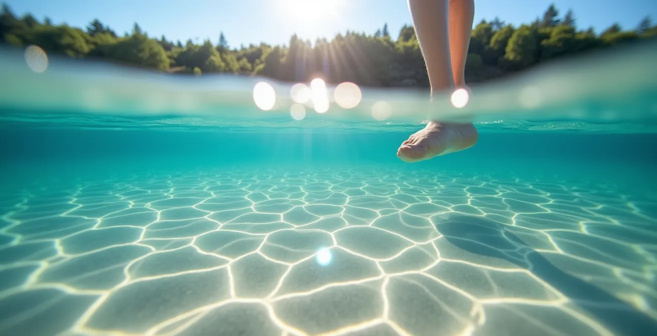 Kristallklares Seewasser im Frühsommer mit sichtbarem Sandboden
