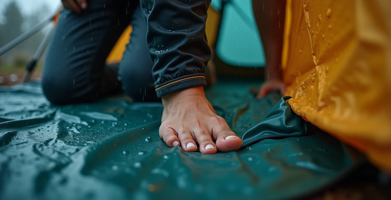 Person kniet auf nassem Zeltboden während eines Regenschauers, was den punktuellen Druck demonstriert.