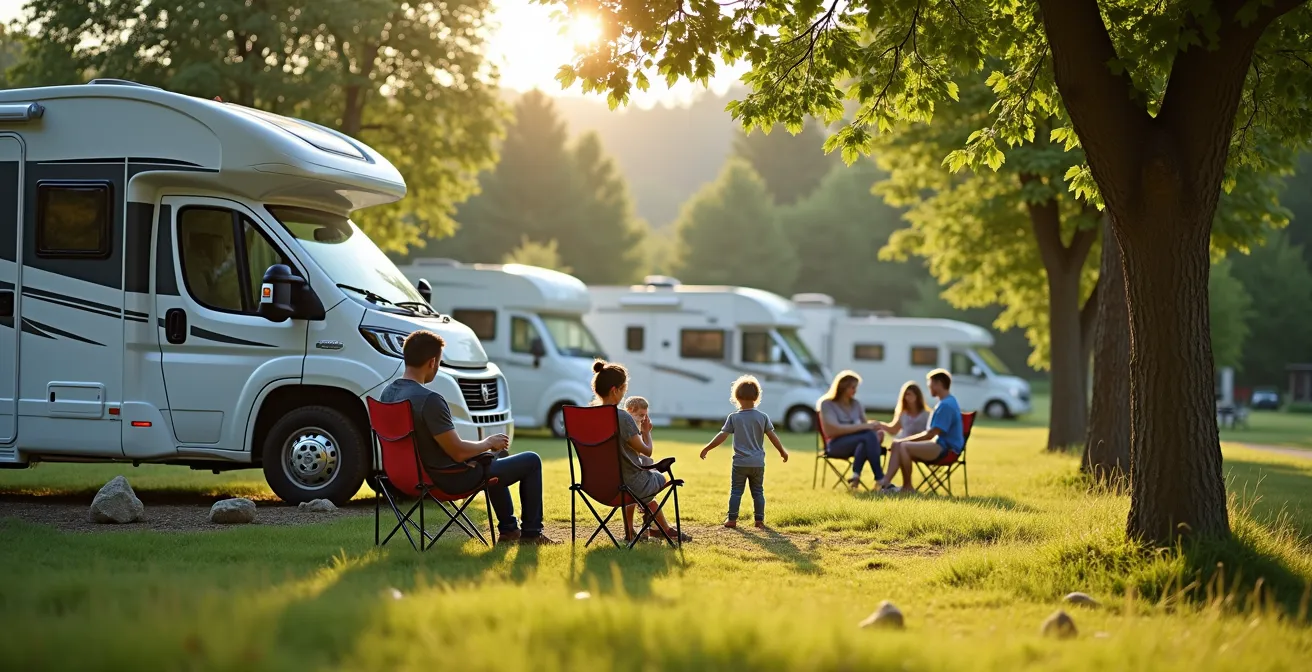 Eine Familie genießt die Privatsphäre und den großzügigen Platz auf einem Komfortstellplatz im Schwarzwald.
