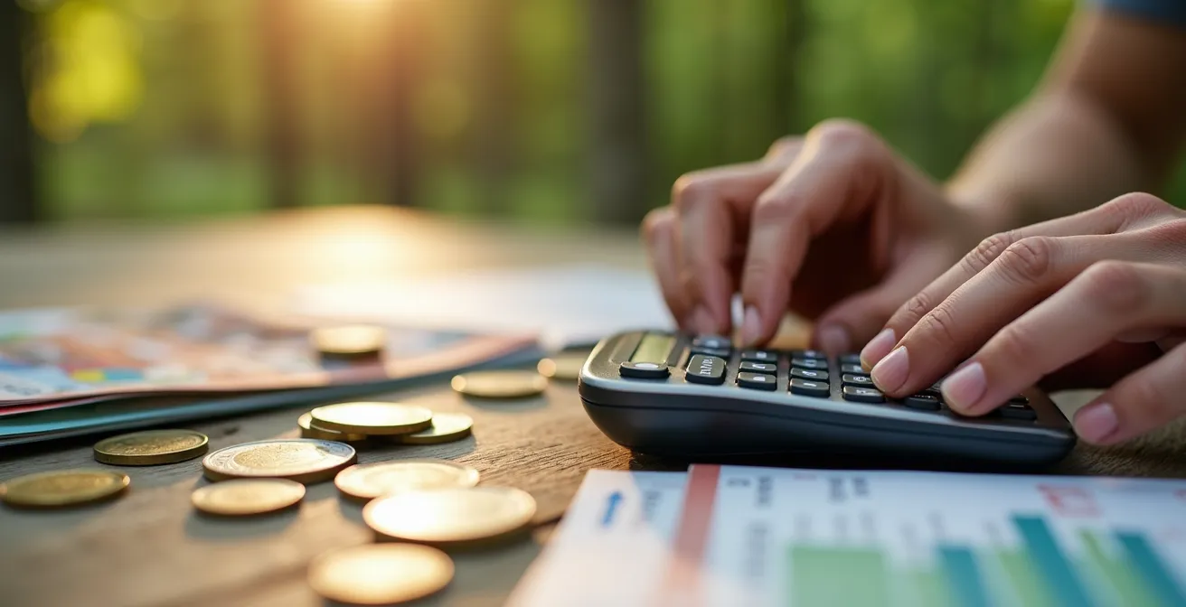 Familie plant Budget für Camping-Aktivitäten mit Taschenrechner und Broschüren