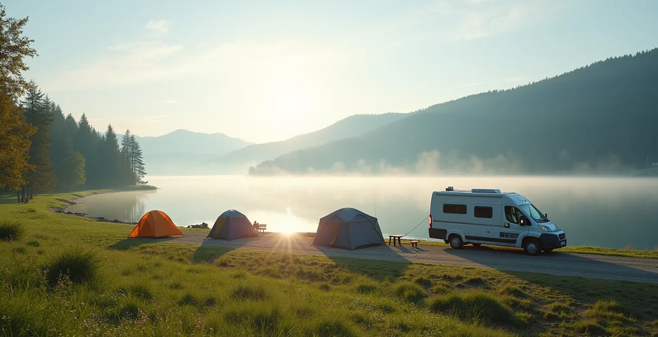 Panorama einer deutschen Seenlandschaft, die die Evolution des Campings zeigt: kleines Zelt im Vordergrund, Familienzelt in der Mitte und Wohnwagen im Hintergrund.