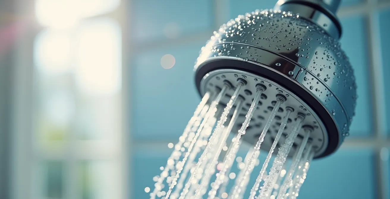 Leere Campingplatz-Duschkabine in der frühen Morgenstunde mit Sonnenstrahlen