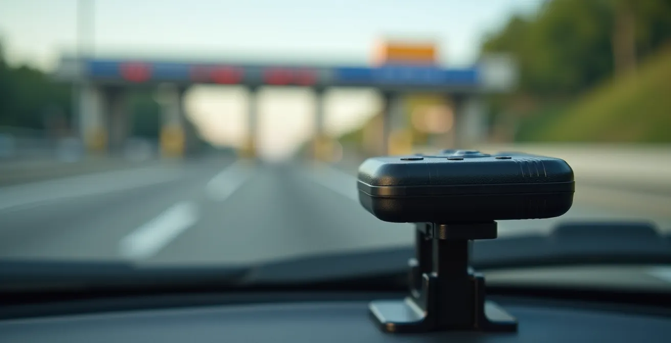 Detailaufnahme einer Mautbox an der Windschutzscheibe mit verschwommener Autobahn im Hintergrund