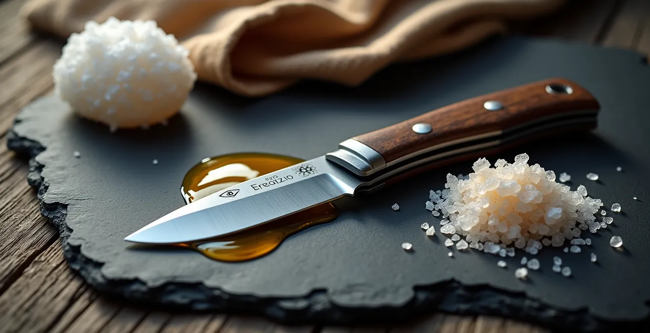 Detailaufnahme der Messerpflege nach Salzwasserkontakt mit Öl und Pflegemitteln