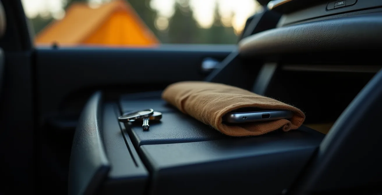 Smartphone in verschlossenem Handschuhfach beim Camping
