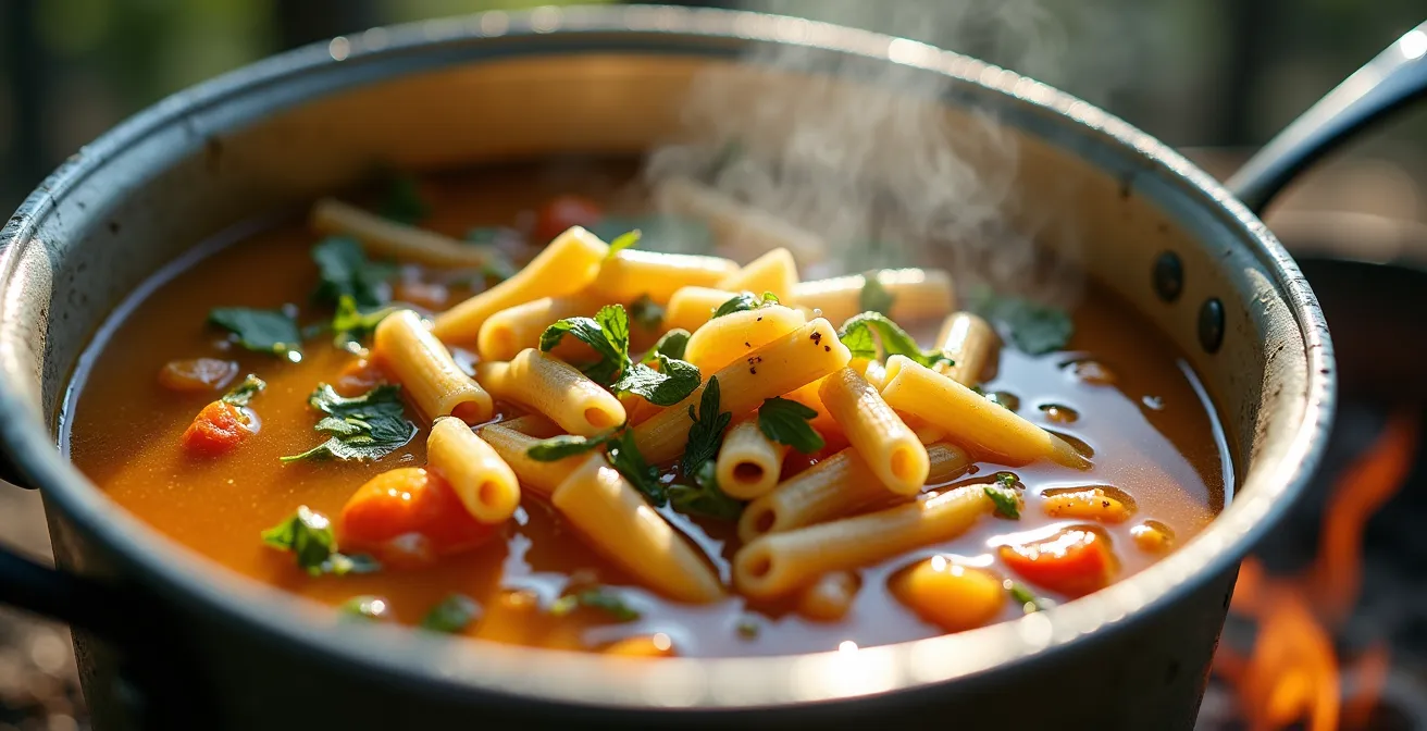 Ein-Topf-Gericht auf Gaskocher in deutscher Waldlichtung