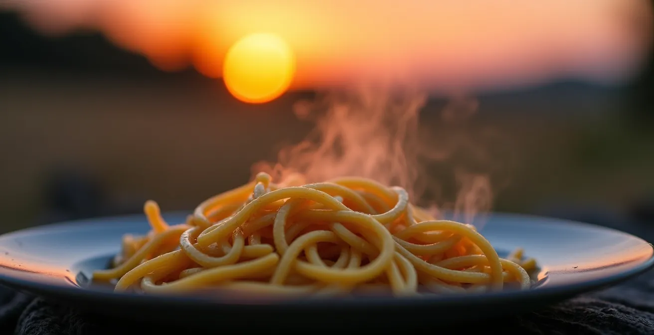 Dampfende Pasta vor spektakulärem Camping-Sonnenuntergang