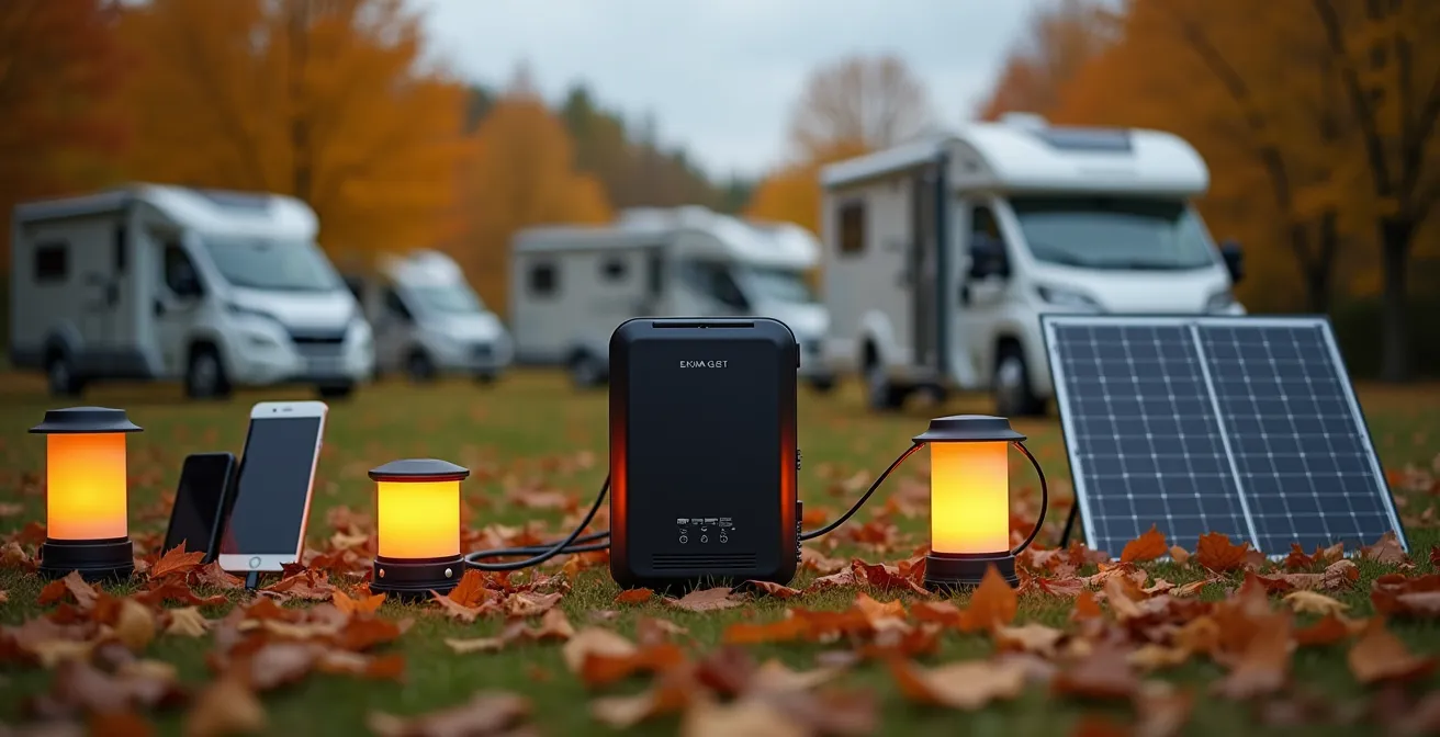 Camping-Powerstation wird durch Solarpanel bei bewölktem Herbstwetter geladen