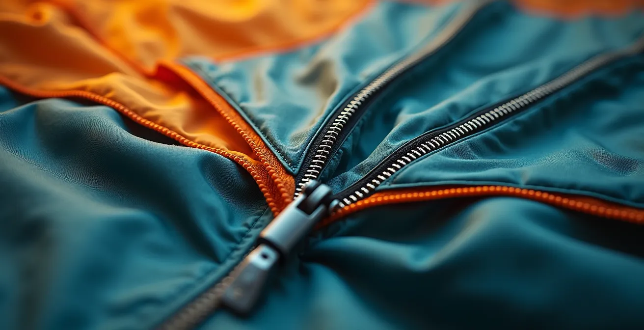 Makroaufnahme von hochwertigen Zeltmaterialien: wasserabweisendes Ripstop-Gewebe, verstärkte Naht und ein robuster Reißverschluss.