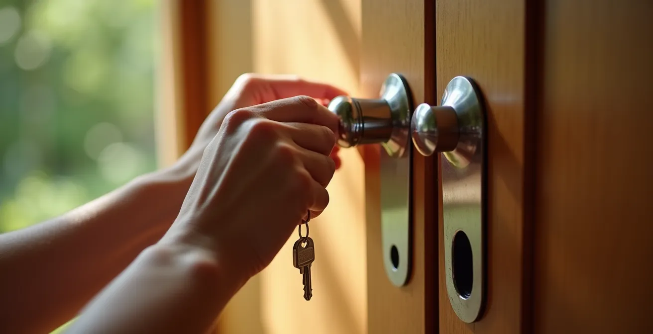 Modernes privates Sanitärhäuschen auf einem Campingplatz im Morgenlicht