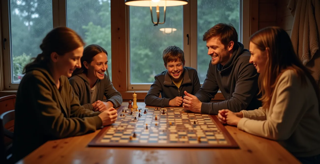 Familie spielt Brettspiele am Regentag im gemütlichen Ferienhaus