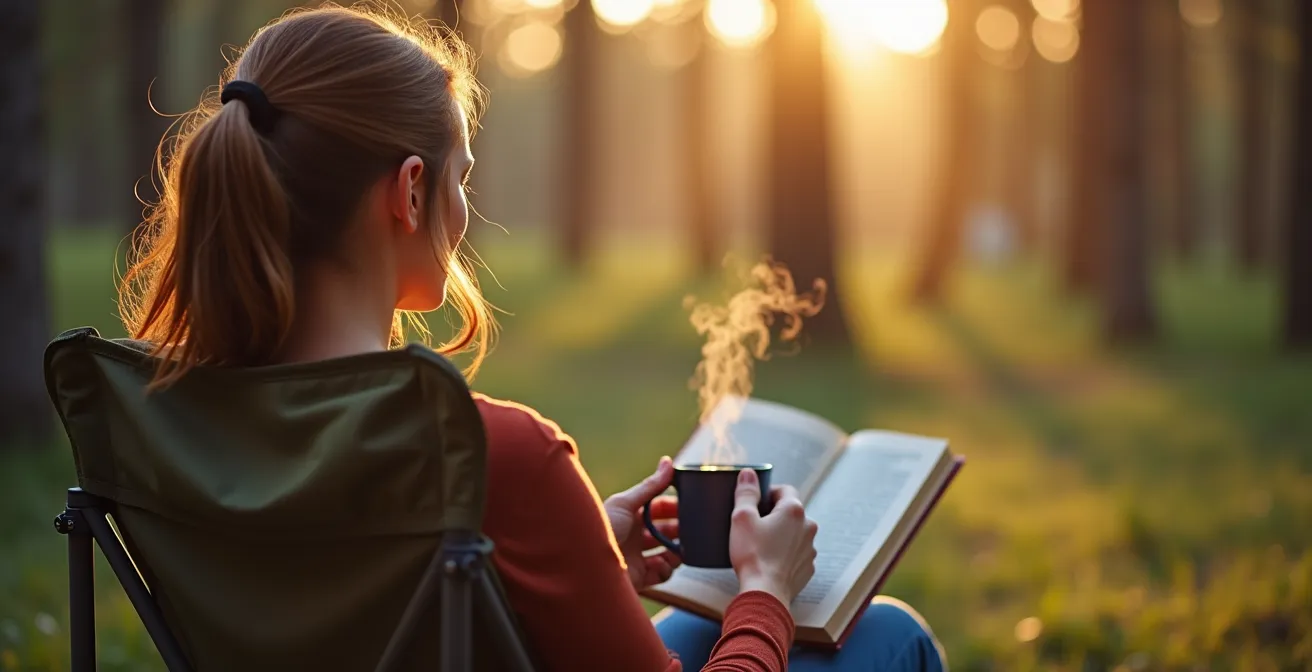 Entspannter Null-Tag beim Camping mit Buch und Kaffee