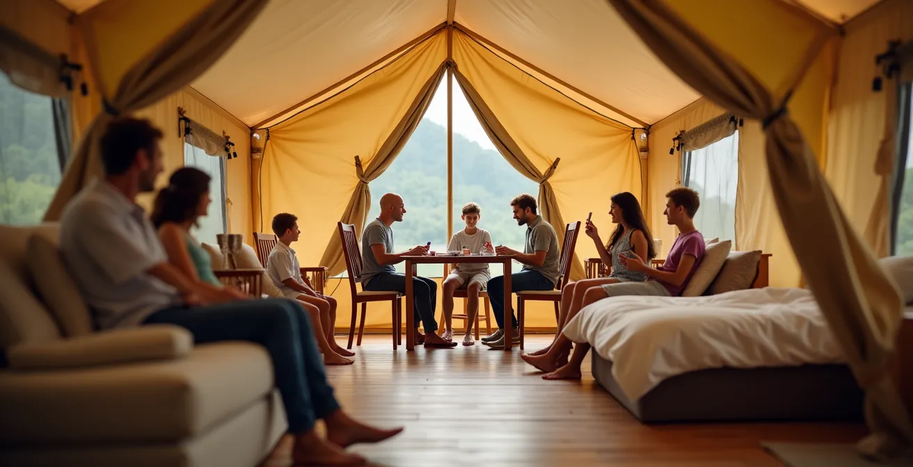 Luftaufnahme eines Safarizelts mit cleverer Raumaufteilung für Familien