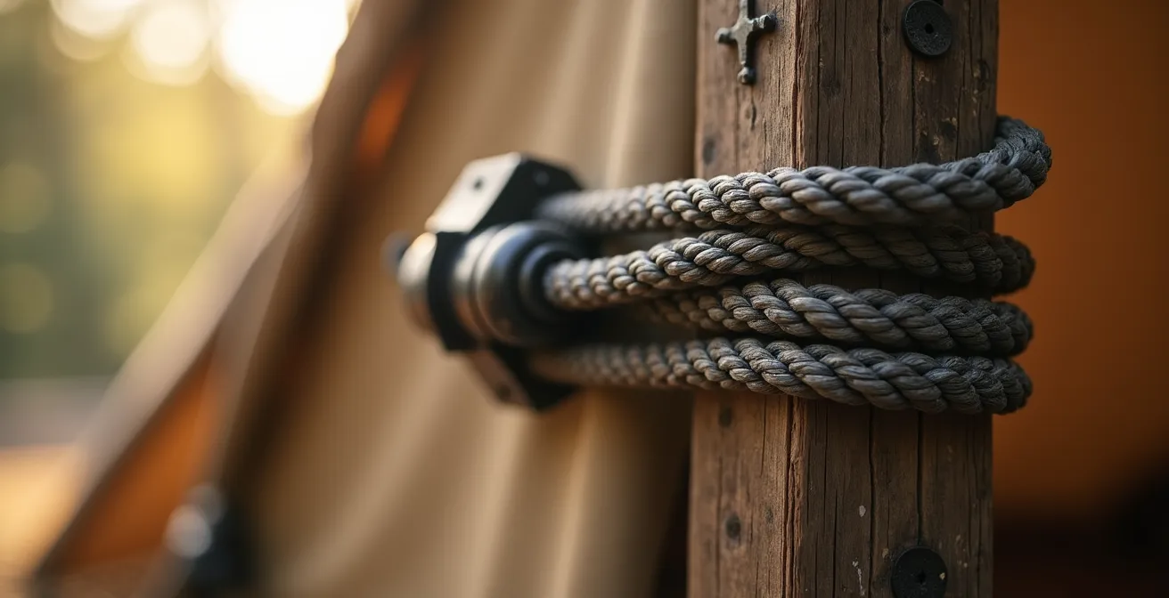 Diskreter Tresor am Holzrahmen eines Safarizelts befestigt