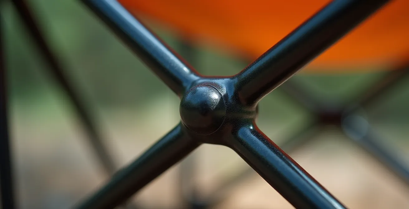 Makroaufnahme eines Scherengelenks bei einem Campingstuhl mit Fokus auf Sicherheitsmechanismen