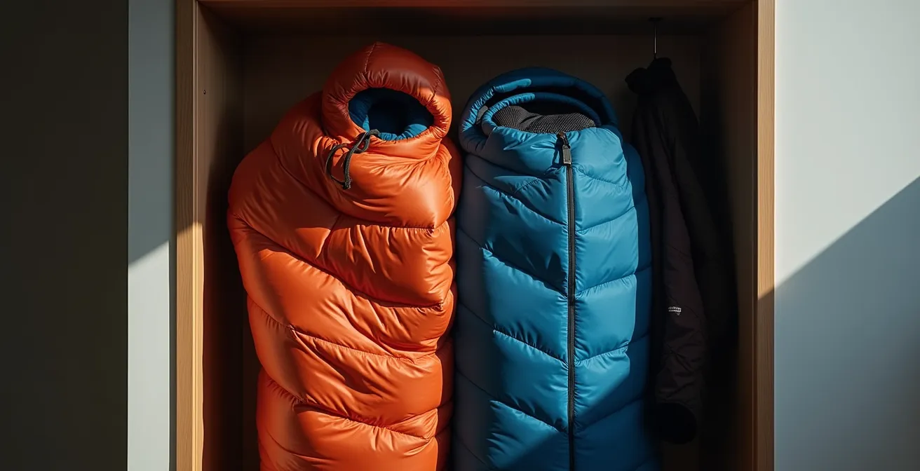 Vergleich zwischen richtig gelagertem aufgebauschtem und falsch komprimiertem Schlafsack