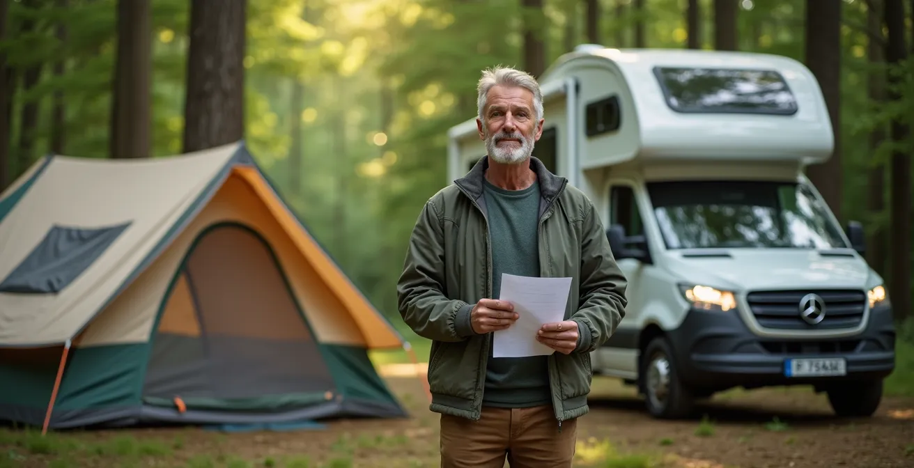 Eine Person steht nachdenklich zwischen einem klassischen Zelt und einem modernen Wohnmobil in einer deutschen Waldlandschaft und hält eine Checkliste in der Hand.