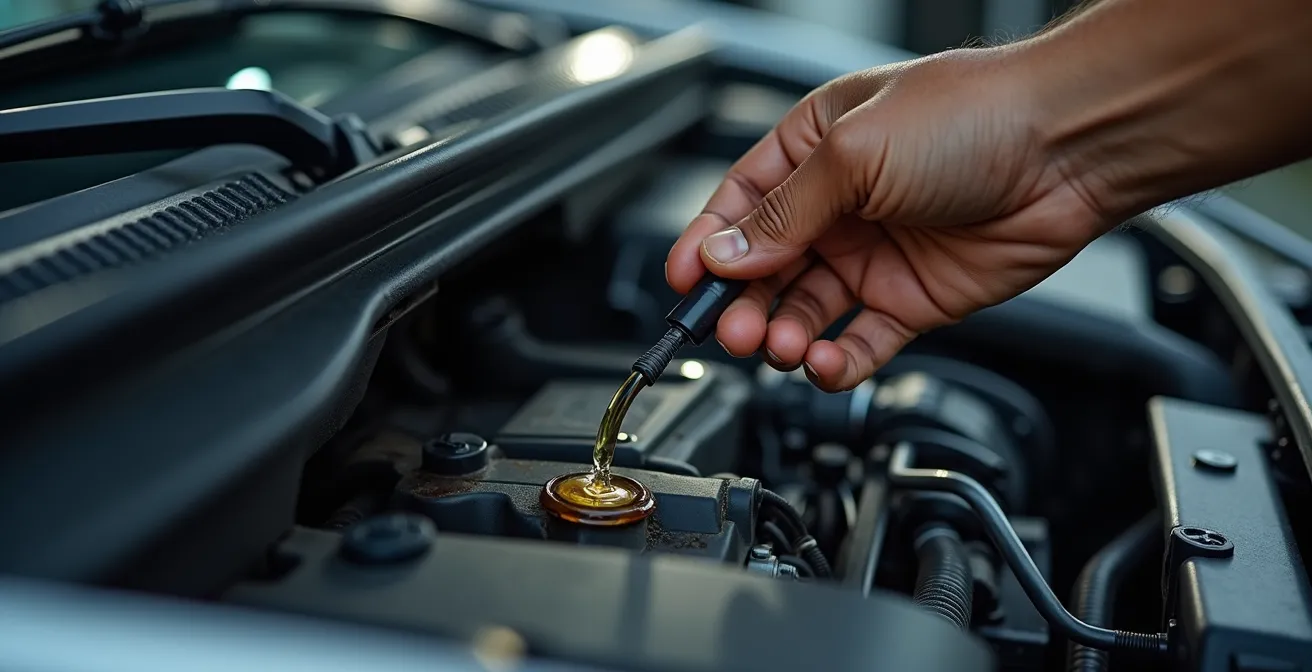Mechaniker prüft Ölstand durch geöffnete Serviceklappe im Wohnmobil