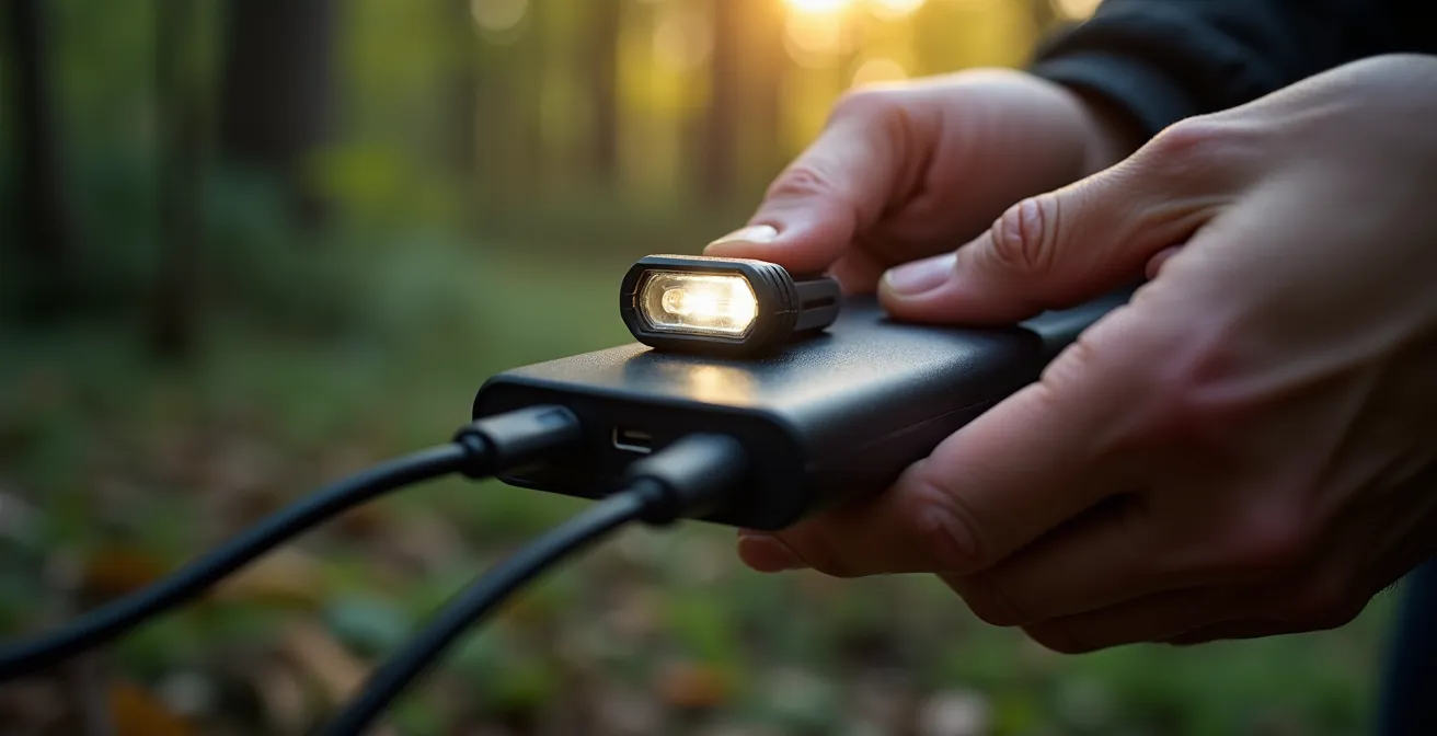 Eine Powerbank lädt eine Stirnlampe in einem nächtlichen Wald auf, was die Wichtigkeit einer Backup-Stromquelle verdeutlicht.