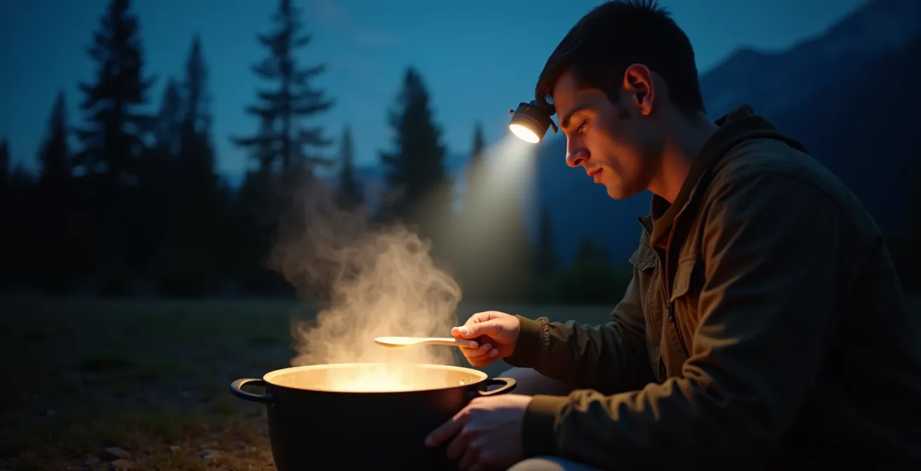 Camper mit Stirnlampe prüft Garzustand beim nächtlichen Kochen