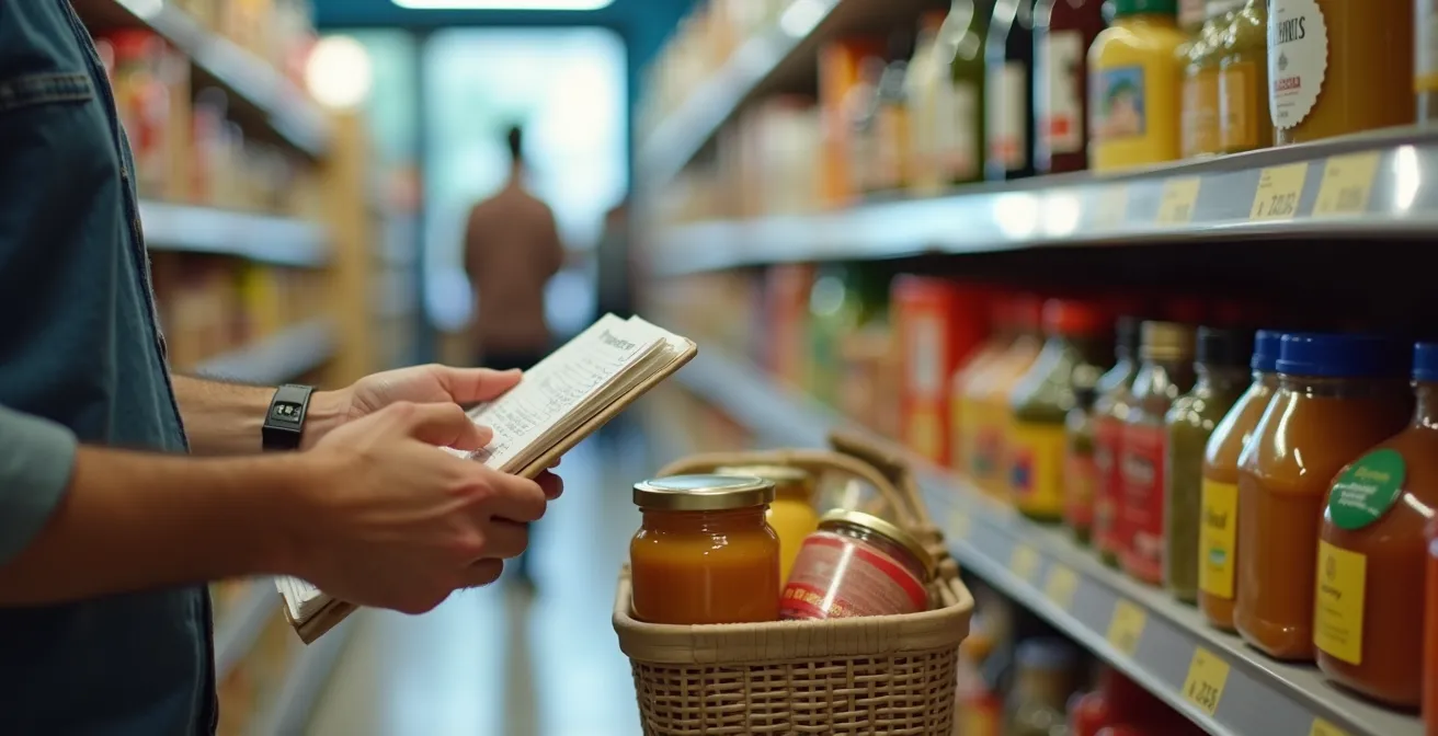 Symbolische Darstellung der Impulskauf-Versuchungen im Urlaubssupermarkt, eine Person zögert zwischen Einkaufsliste und bunten Produkten.
