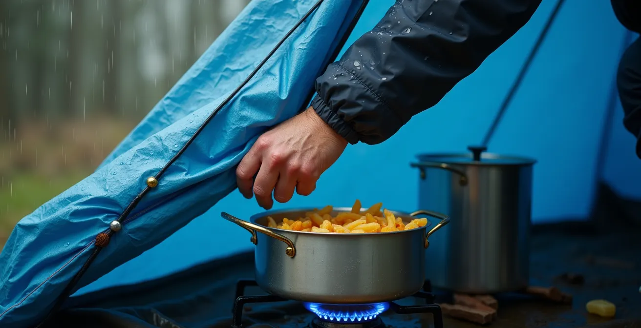 Geschützte Kochstelle unter Tarp bei Regen