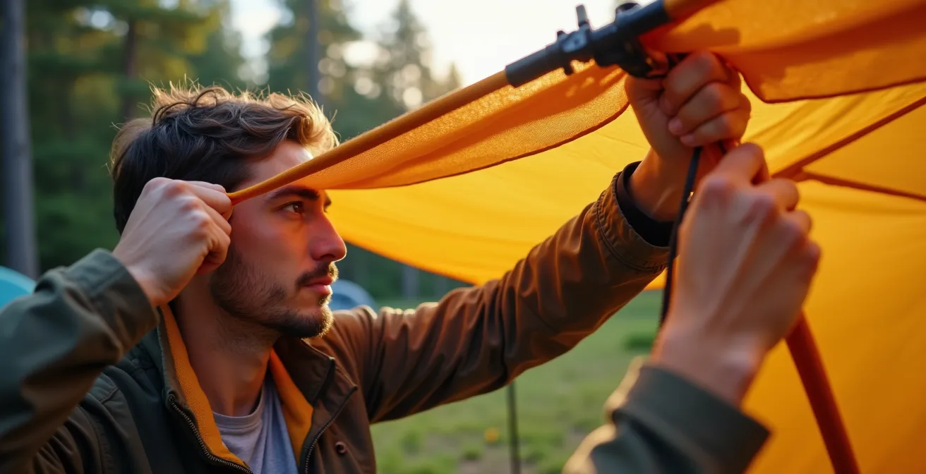 Ein über einem Campingzelt korrekt installiertes Tarp mit einem sichtbaren Luftspalt zur Zirkulation und zum Schutz.