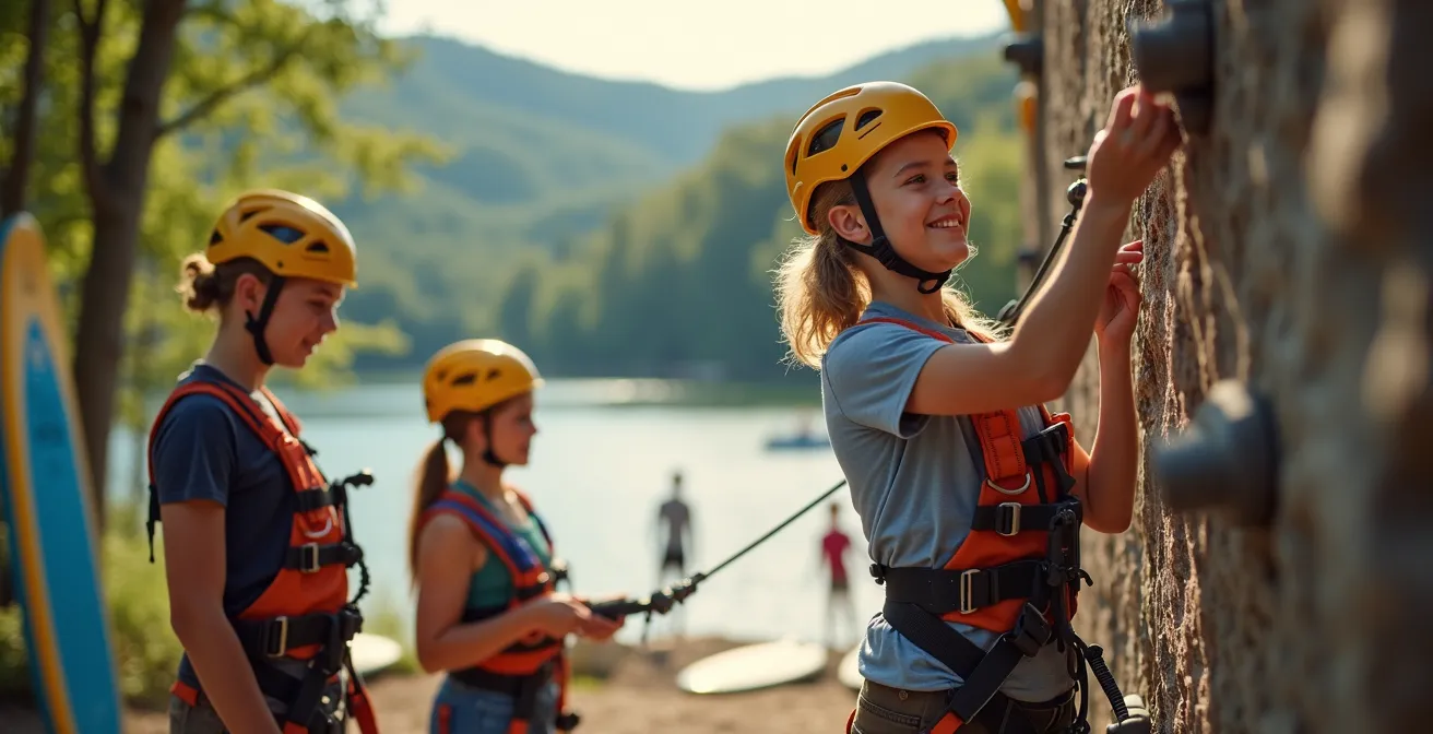 Jugendliche beim Klettern und Wassersport auf einem deutschen Campingplatz