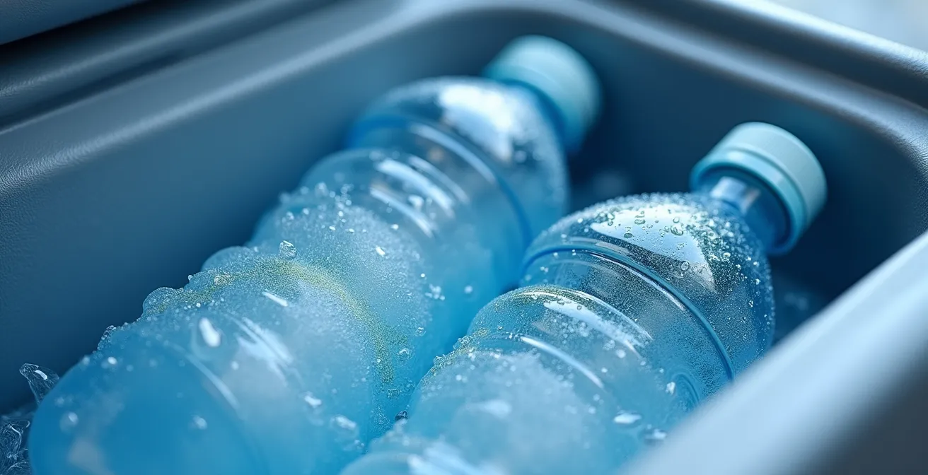 Gefrorene Wasserflaschen optimal in einer Camping-Kühlbox angeordnet